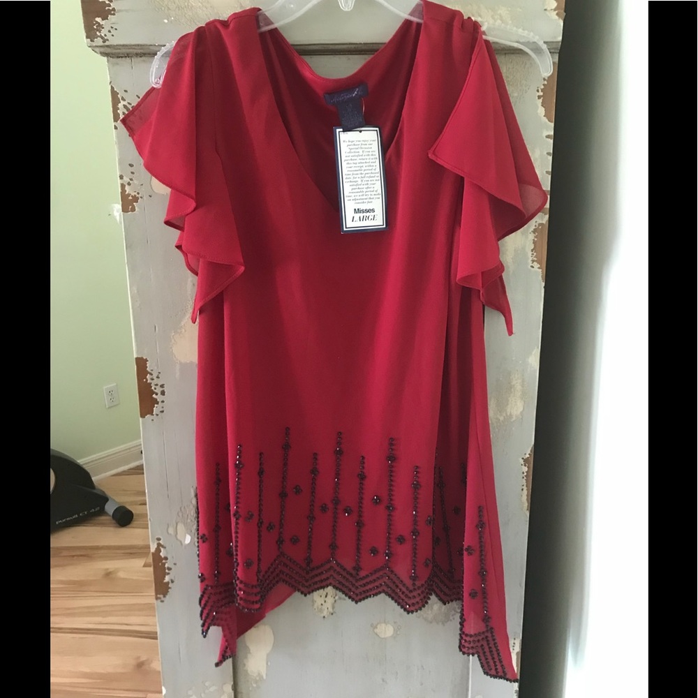 CLOSEOUT - Metaphor Red Beaded Flutter Sleeve Blouse
